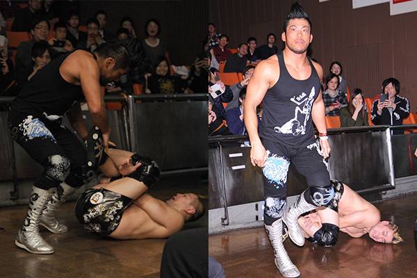 MXからSkull Endの連携技で、SANADA&BUSHI組が快勝!試合後、梶 MXからSkull Endの連携技で、SANADA&BUSHI組が快勝!試合後、梶