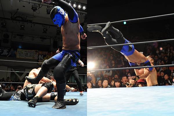MXからSkull Endの連携技で、SANADA&BUSHI組が快勝!試合後、梶 MXからSkull Endの連携技で、SANADA&BUSHI組が快勝!試合後、梶