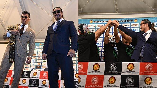場内騒然！会見場にロス・インゴのメンバーが出現！ベルト獲りを予告した辻がL・I・Jに電撃加入！IWGP世界ヘビー王者・SANADAは「変わってなかったら、一方的に終わらせる」と迎撃態勢！【6.3公開調印式②】